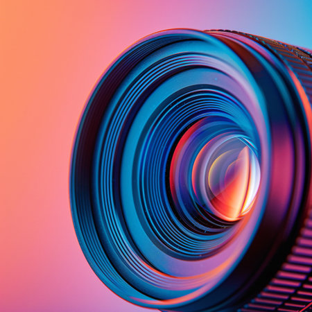 Macro shot of a camera lens set against a warm to cool color gradient background