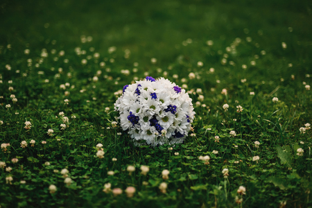 wedding bouquet of white camomiles of purple flowers lying on the green grassの写真素材