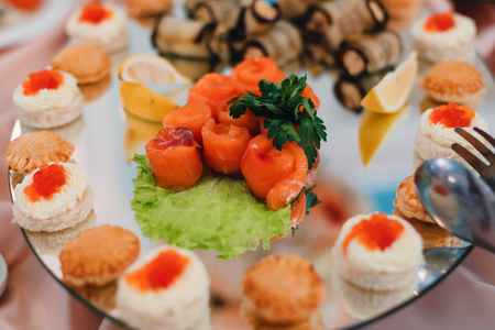 salmon and a variety of gourmet dishes for a snack on a plateの写真素材