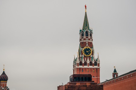 clock on the Spasskaya tower in red square in Moscowの写真素材