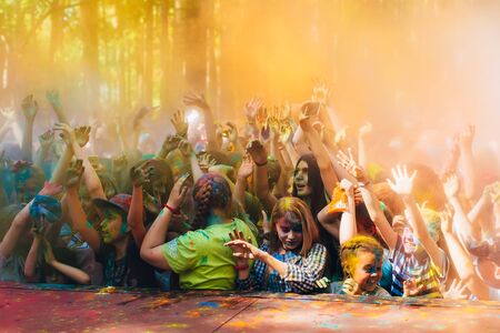 VICHUGA, RUSSIA - JUNE 17, 2018: Crowd of happy people at the celebration of the festival of colors Holiのeditorial素材