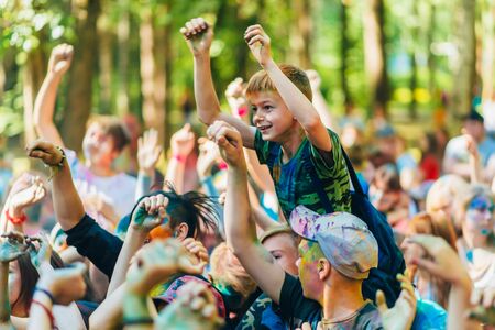 VICHUGA, RUSSIA - JUNE 17, 2018: Happy people at the festival of colors Holiのeditorial素材