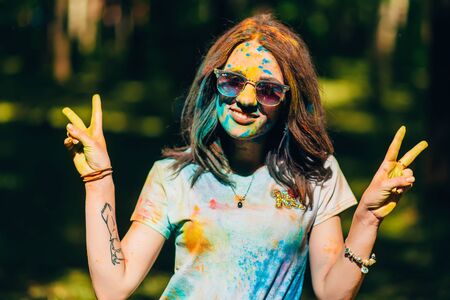 VICHUGA, RUSSIA - JUNE 17, 2018: Festival of colors Holi. Portrait of a young happy girlのeditorial素材