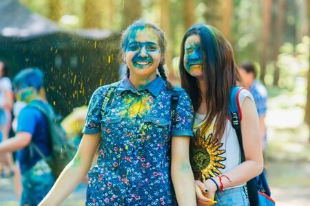 VICHUGA, RUSSIA - JUNE 17, 2018: Festival of colors Holi. Happy girlsのeditorial素材