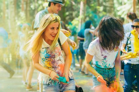 VICHUGA, RUSSIA - JUNE 17, 2018: Festival of colors Holi. Happy girlsのeditorial素材