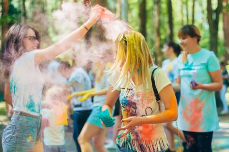 VICHUGA, RUSSIA - JUNE 17, 2018: Festival of colors Holi. Happy girlsのeditorial素材