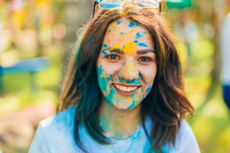 VICHUGA, RUSSIA - JUNE 17, 2018: Festival of colors Holi. Portrait of a young happy girlのeditorial素材