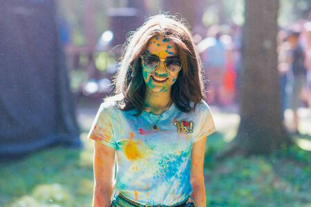 VICHUGA, RUSSIA - JUNE 17, 2018: Festival of colors Holi. Portrait of a young happy girlのeditorial素材