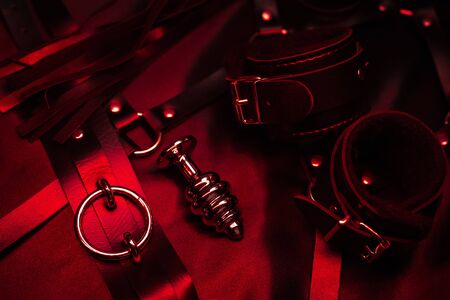 metal anal plug and leather handcuffs with choker. BDSM toys setの写真素材