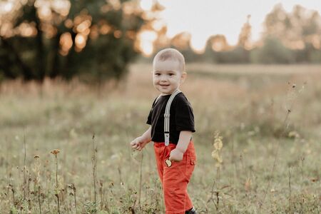 beautiful little boy smiling walking on grass in summer fieldの写真素材