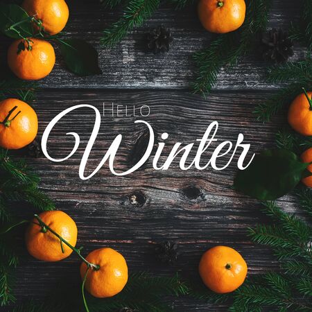 inscription Hello Winter on a wooden background with fir branches tangerinesの写真素材