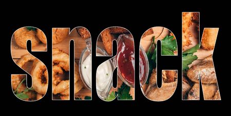 text of the snack against the backdrop of various foodの写真素材