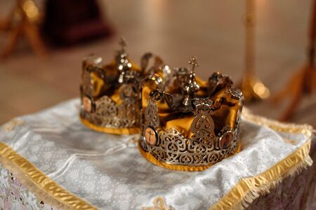 CHURCH OF THE RESURRECTION, VICHUGA, RUSSIA - NOVEMBER 03, 2019: Crowns for the wedding ceremony at the Christian Church of the Resurrectionのeditorial素材