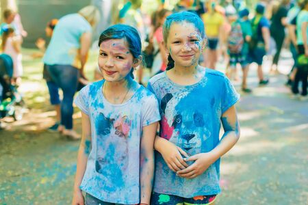 VICHUGA, RUSSIA - JUNE 17, 2018: Festival of colors Holi. Happy girls in paintのeditorial素材