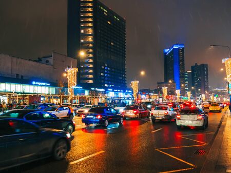 MOSCOW, RUSSIA - JANUARY 31, 2020: Night city of Moscow with traffic on the roadのeditorial素材