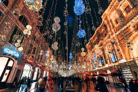 MOSCOW, RUSSIA - JANUARY 31, 2020: Moscow city street decorated with Christmas garlands for new year celebrationsのeditorial素材
