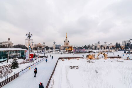 MOSCOW, RUSSIA - JANUARY 31, 2020: People skate at the Central skating rink in Moscow. VDNH Exhibition of national economy achievementsのeditorial素材