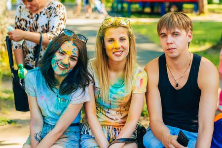 VICHUGA, RUSSIA - JUNE 17, 2018: Happy people at the festival of colors Holiのeditorial素材