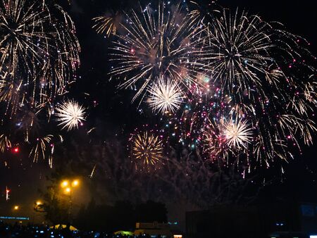 KINESHMA, RUSSIA - AUGUST 30, 2018: Festive colorful fireworks in the night sky in Kineshma at...