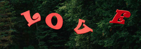 red wooden letters love on the background of the forestの写真素材