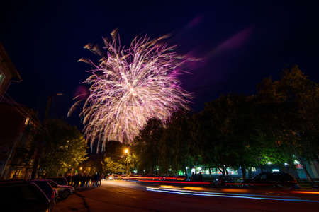 VICHUGA, RUSSIA - JUNE 11, 2016: Colorful explosions of fireworks in the night against the sky on the celebration of the city of Vichugaのeditorial素材
