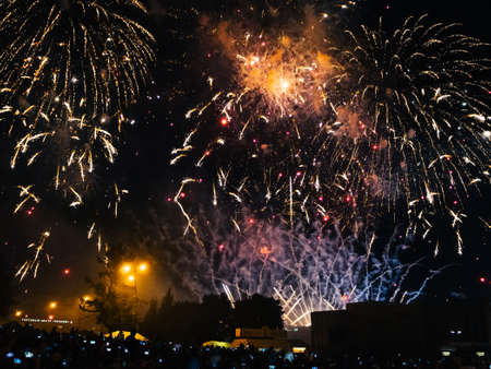 KINESHMA, RUSSIA - AUGUST 30, 2018: Festive colorful fireworks in the night sky in Kineshma at concert of artist Bastaのeditorial素材