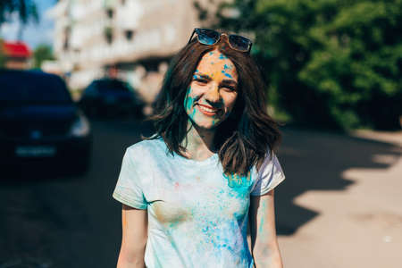 VICHUGA, RUSSIA - JUNE 17, 2018: Festival of colors Holi. Portrait of a young happy girlのeditorial素材