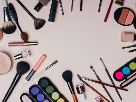 Professional makeup and facial care set on pinkの写真素材