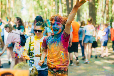 VICHUGA, RUSSIA - JUNE 17, 2018: Festival of colors Holi. Happy girlsのeditorial素材