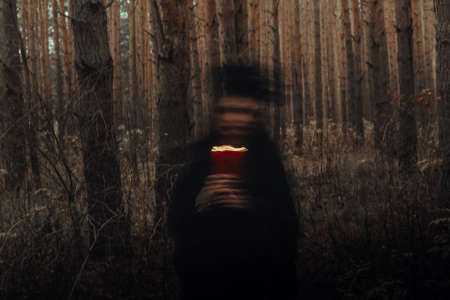 witch in a black costume performs dark spells with candles in the forestの写真素材