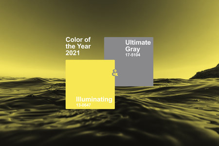 colors of the year 2021 illuminating and ultimate gray. Concept of color trends against the background of waterの写真素材