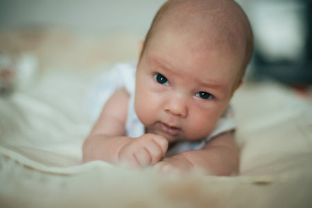 little newborn Caucasian white baby boy lyingの写真素材