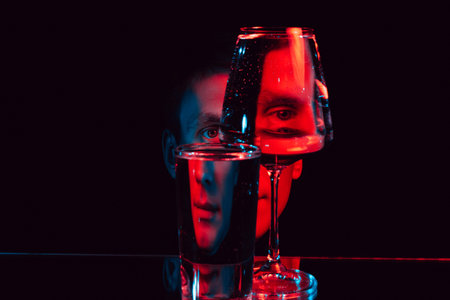 man looking through glass glasses of water with reflections and distortionsの写真素材