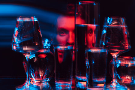 psychedelic surreal portrait of a man through glasses of water with blurの写真素材