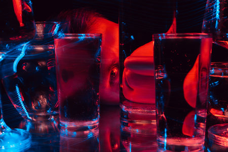 psychedelic portrait of a mad man schizophrenic looking through glasses of water
