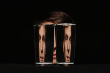 strange portrait of a man looking through two glasses
