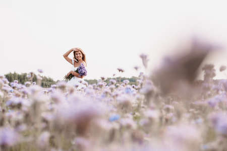 beautiful happy woman in a white dress in a field of flowersの写真素材