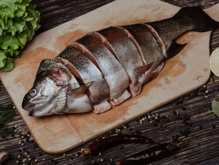 trout cut into pieces on a wooden Board. Fresh red fishの写真素材
