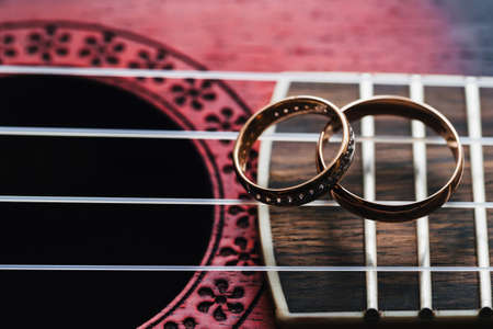 two gold wedding rings lie on guitar stringsの写真素材