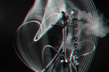 hookahs with hot shisha charcoal with neon lighting
