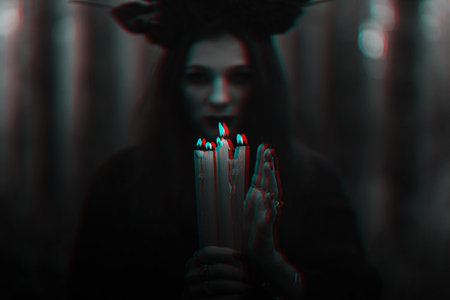 frightening witch performs an occult ritual with candlesの写真素材