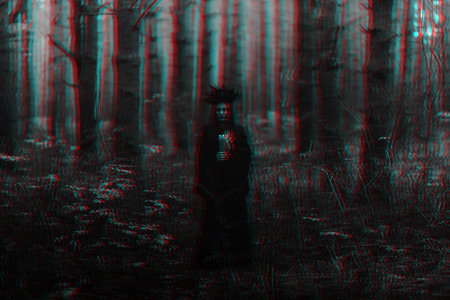 witch in a black costume performs dark spells with candlesの写真素材