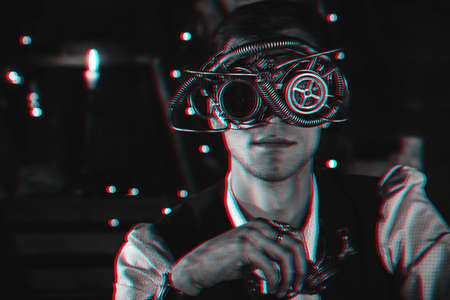Cosplay steampunk men in cyberpunk glasses. Black and white 3d virtual reality