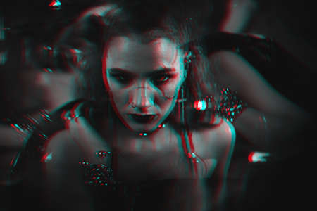 Cosplay of the future cyberpunk girl in the style of a computer game character. Black and white 3d virtual reality conceptの写真素材