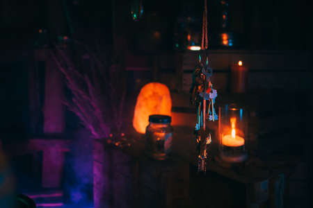 bunch of keys hangs in a mystical fairy tale workshopの写真素材