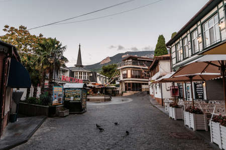 GURZUF, RUSSIA - SEPTEMBER 1, 2021: Central square with cafes on a summer day in Black Sea resort of Gurzuf in Russiaのeditorial素材