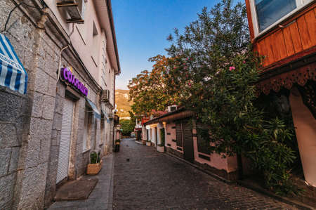 GURZUF, RUSSIA - SEPTEMBER 1, 2021: old street with historical architecture in Black Sea village of Gurzuf in Russiaのeditorial素材