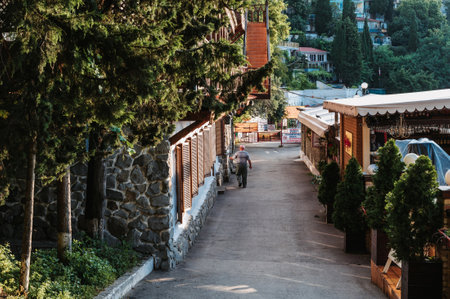 GURZUF, RUSSIA - SEPTEMBER 1, 2021: Historical street with ancient architecture in Black Sea resort in the village of Gurzufのeditorial素材