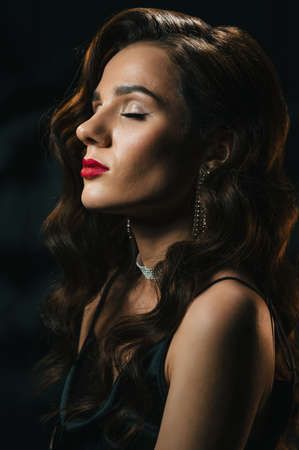 stylish woman in the classic retro style of 1950s movies with a beautiful hairstyle and makeupの写真素材