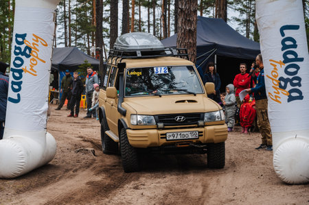 REPUBLIC OF KARELIA, RUSSIA - CIRCA JUNE, 2022: Off-road tournament Ladoga Trophy 2022 around Lake Ladoga. 4x4 SUV Hyundai at grand start of raceのeditorial素材